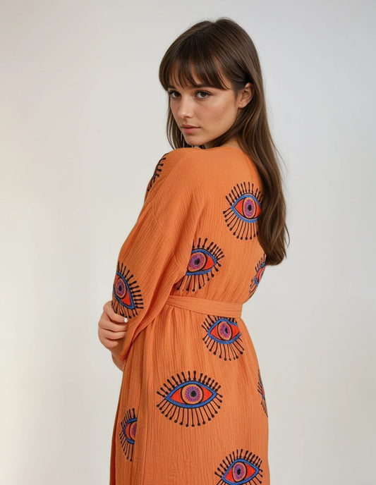 Aria Orange Handmade Cotton Evil Eye Kimono Robe