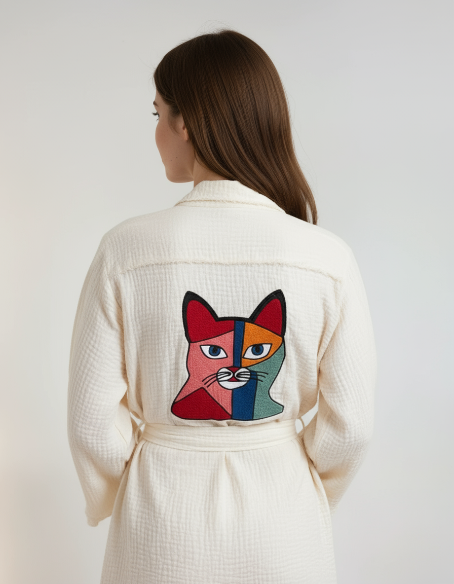 Lucky Cat Colorful Handmade Cotton Kimono Robe