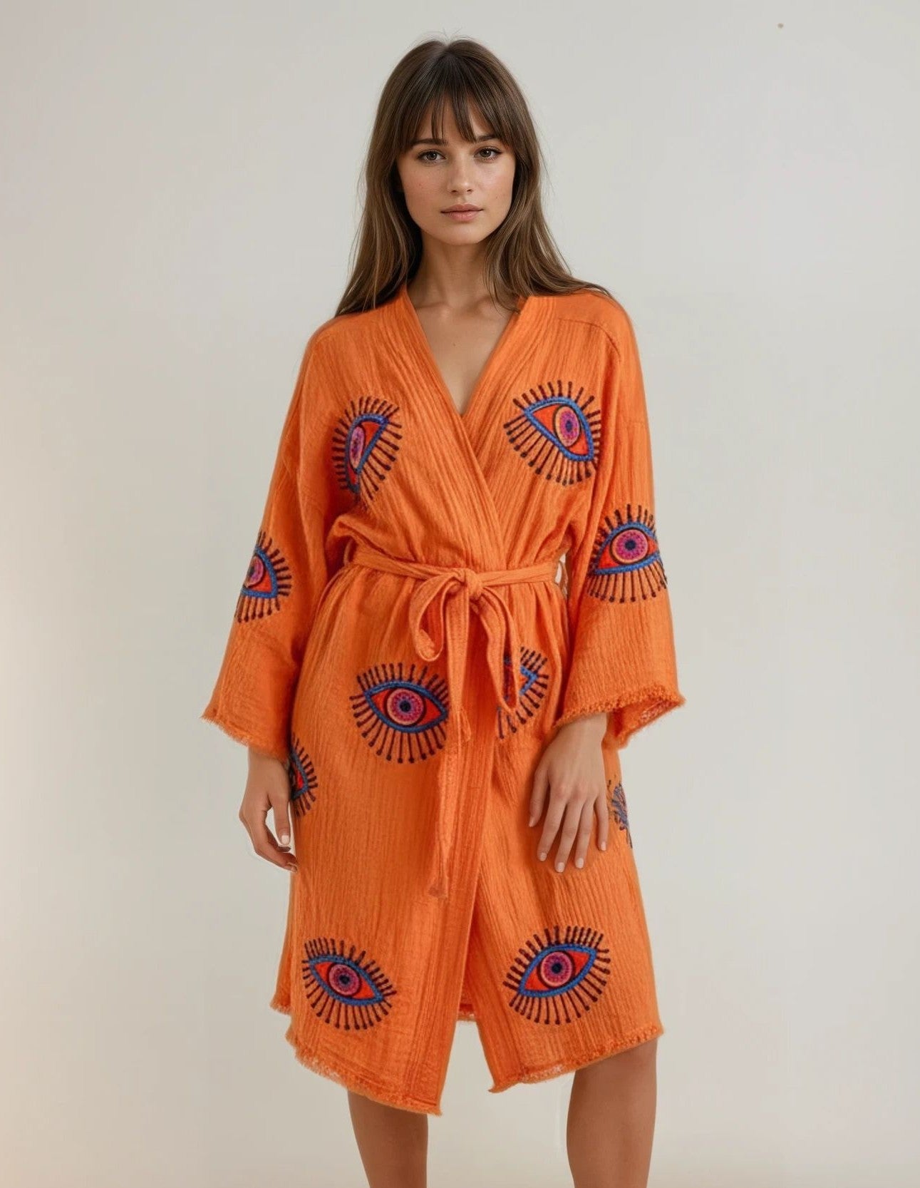 Aria Orange Handmade Cotton Evil Eye Kimono Robe