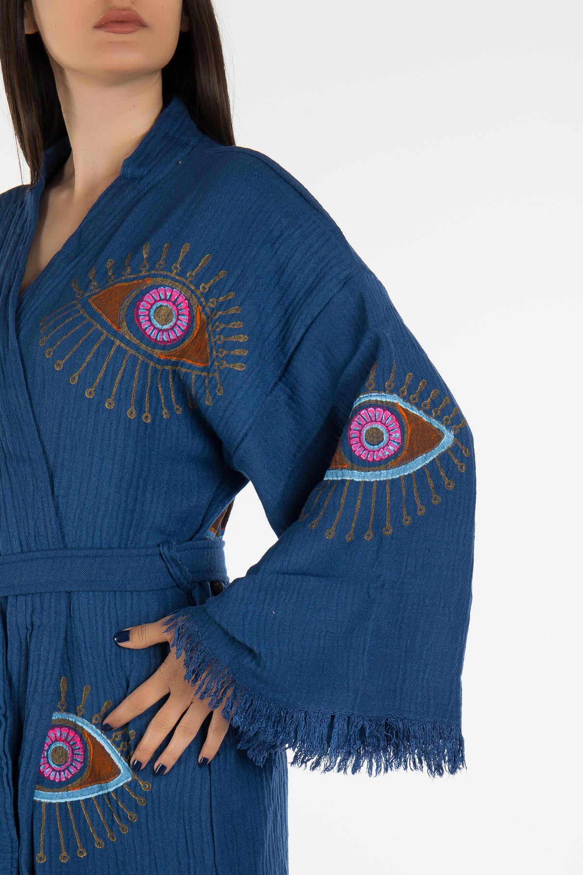 Aria Dark Blue Handmade Cotton Evil Eye Kimono Robe
