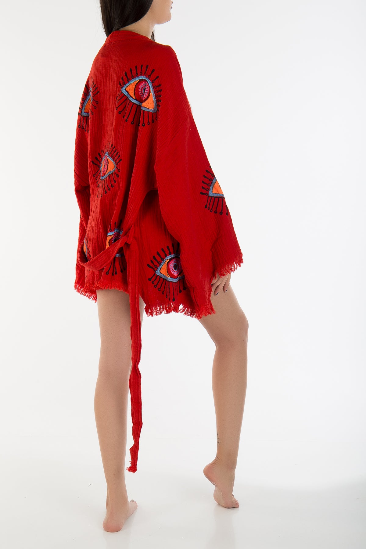 Sereia Red Handmade Cotton Evil Eye Short Kimono