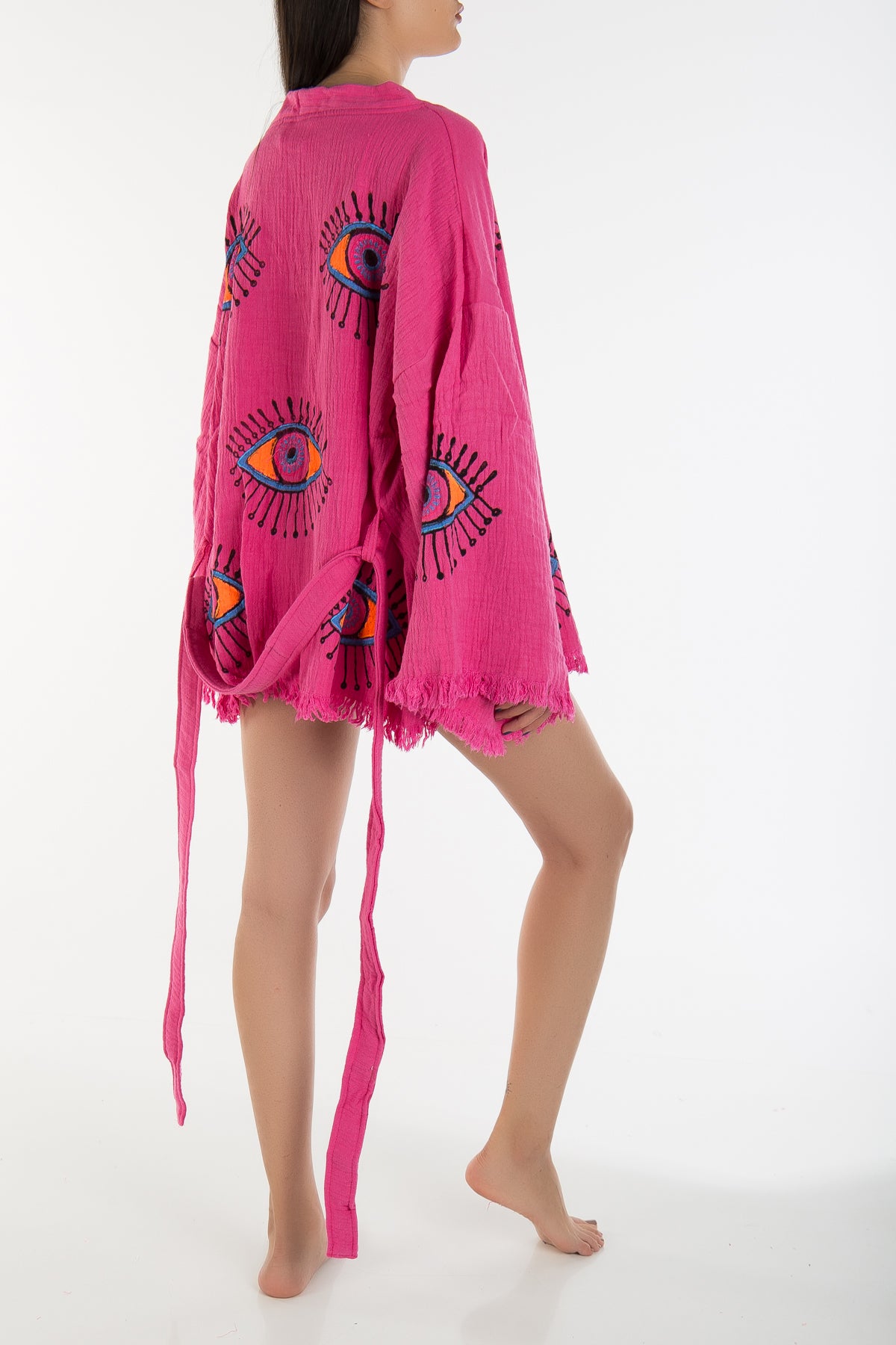 Sereia Fushia Pink Handmade Cotton Evil Eye Short Kimono