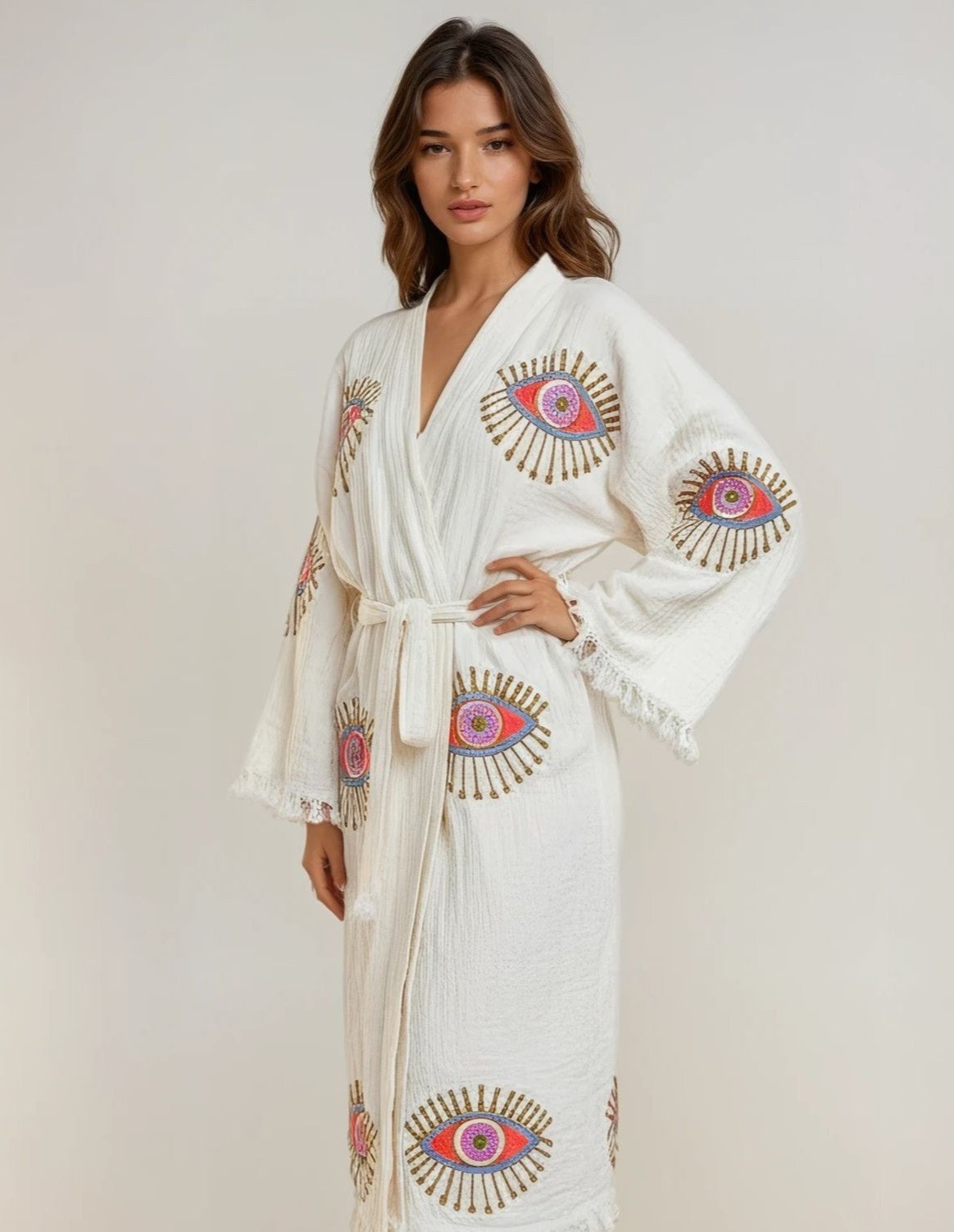 Aria Off-White Handmade Cotton Evil Eye Kimono Robe
