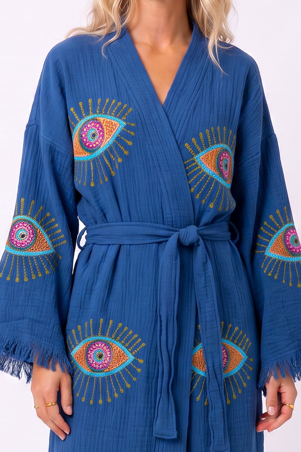 Aria Handmade Muslin Beach Cover-Up Robe – Navy Blue
