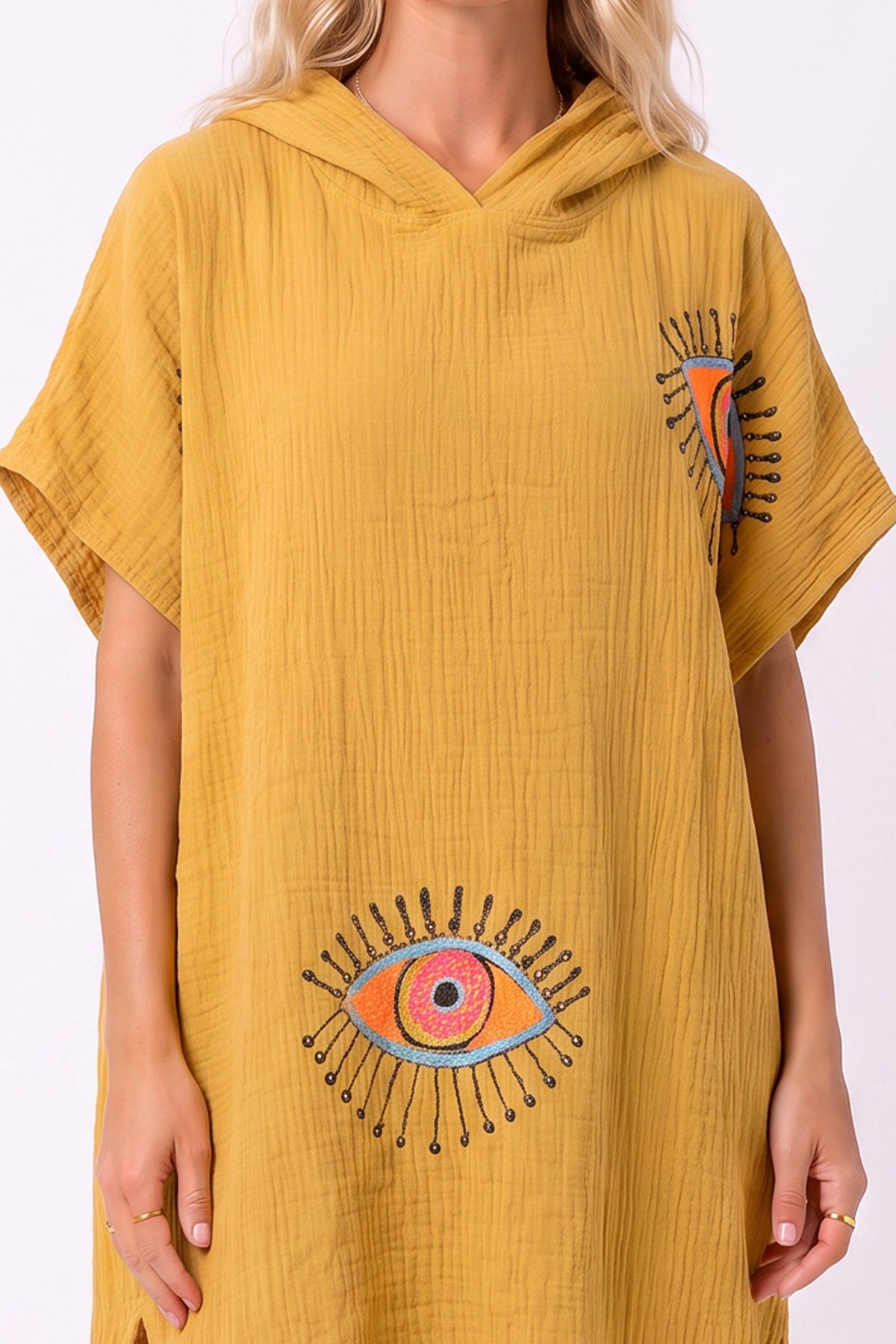 Mira Handmade Muslin Hooded Beach Cover-Up Poncho - Mustard