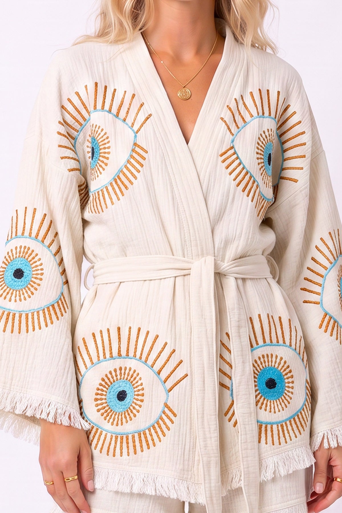 Vela Handmade Printed Fringed Robe and Shorts Two-Piece Set
