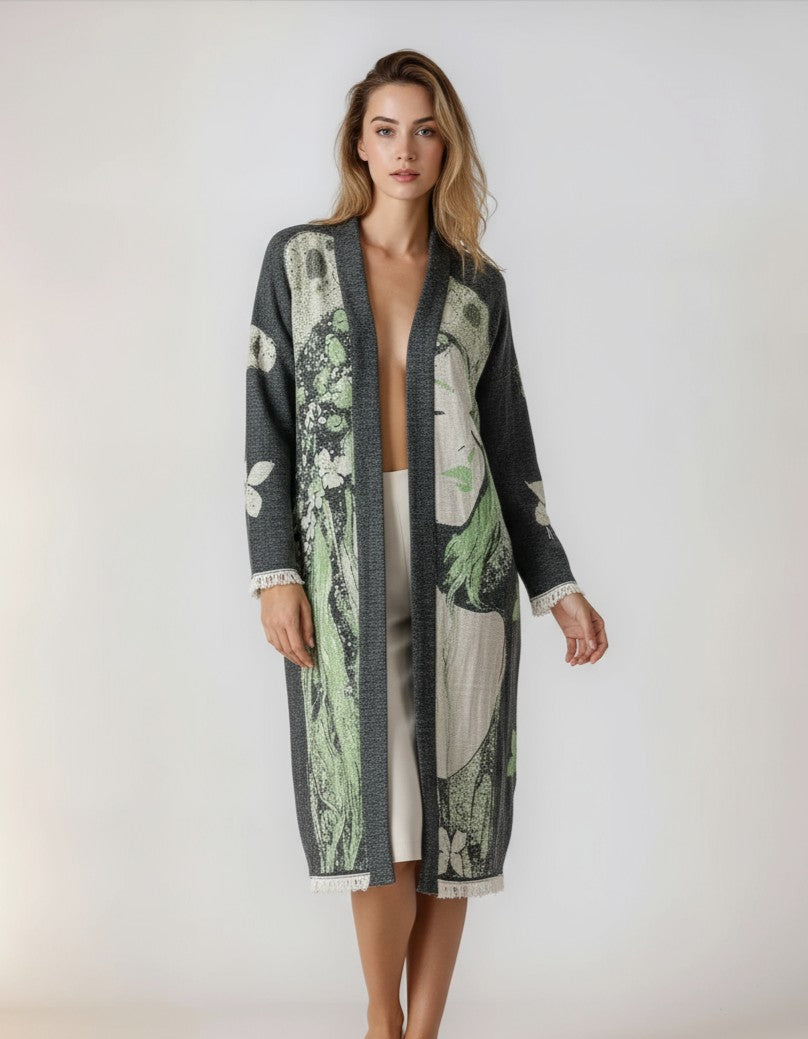 Sage Muse Green Gray Handwoven Cotton Jacquard Kimono Robe
