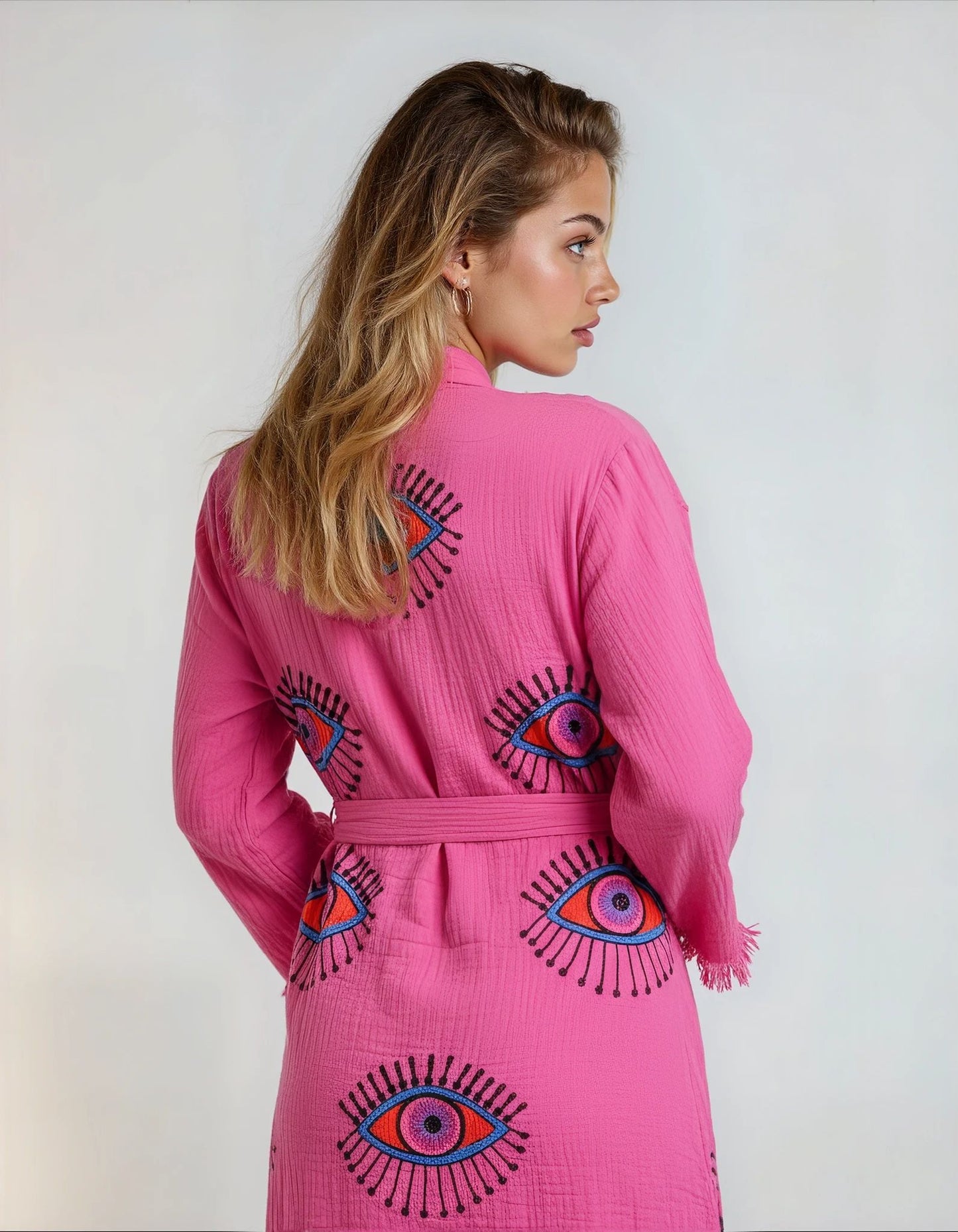 Aria Fushia Pink Handmade Cotton Evil Eye Kimono Robe
