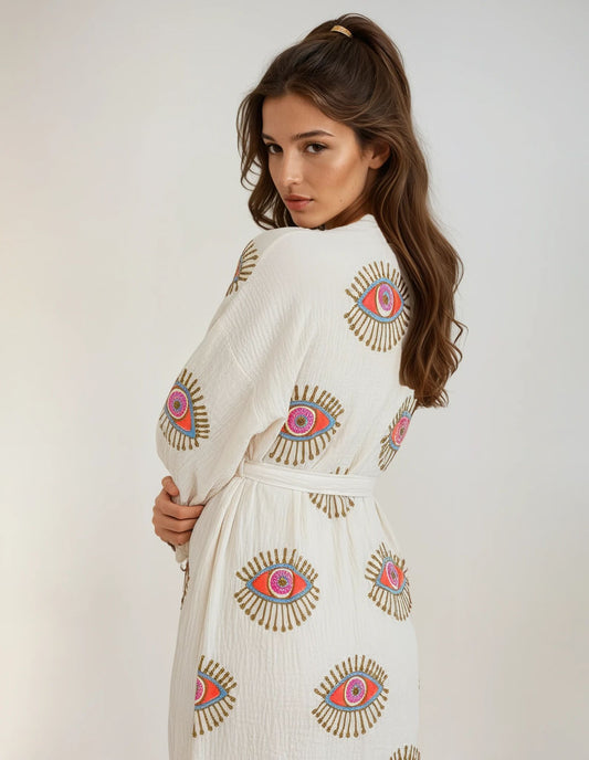 Aria Off-White Handmade Cotton Evil Eye Kimono Robe