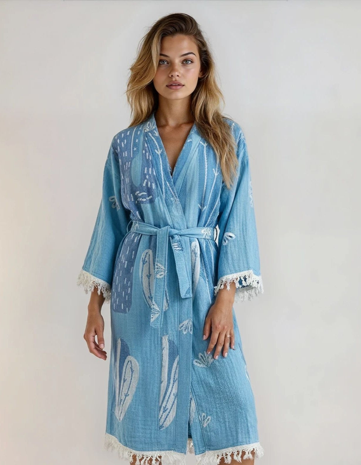 Blue Cactus Handwoven Cotton Jacquard Kimono Robe