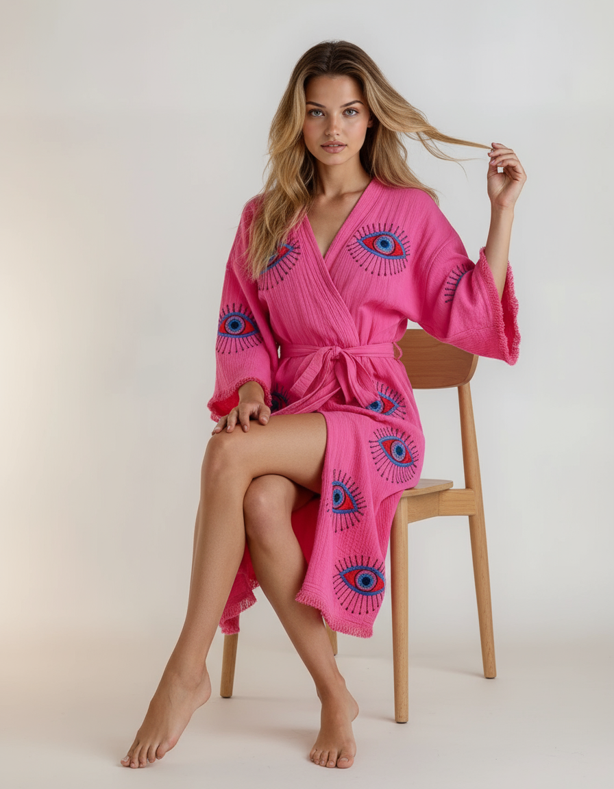 Aria Fushia Pink Handmade Cotton Evil Eye Kimono Robe