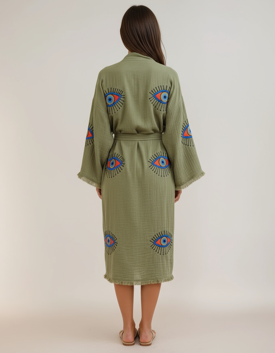Aria Army Green Handmade Cotton Evil Eye Kimono Robe