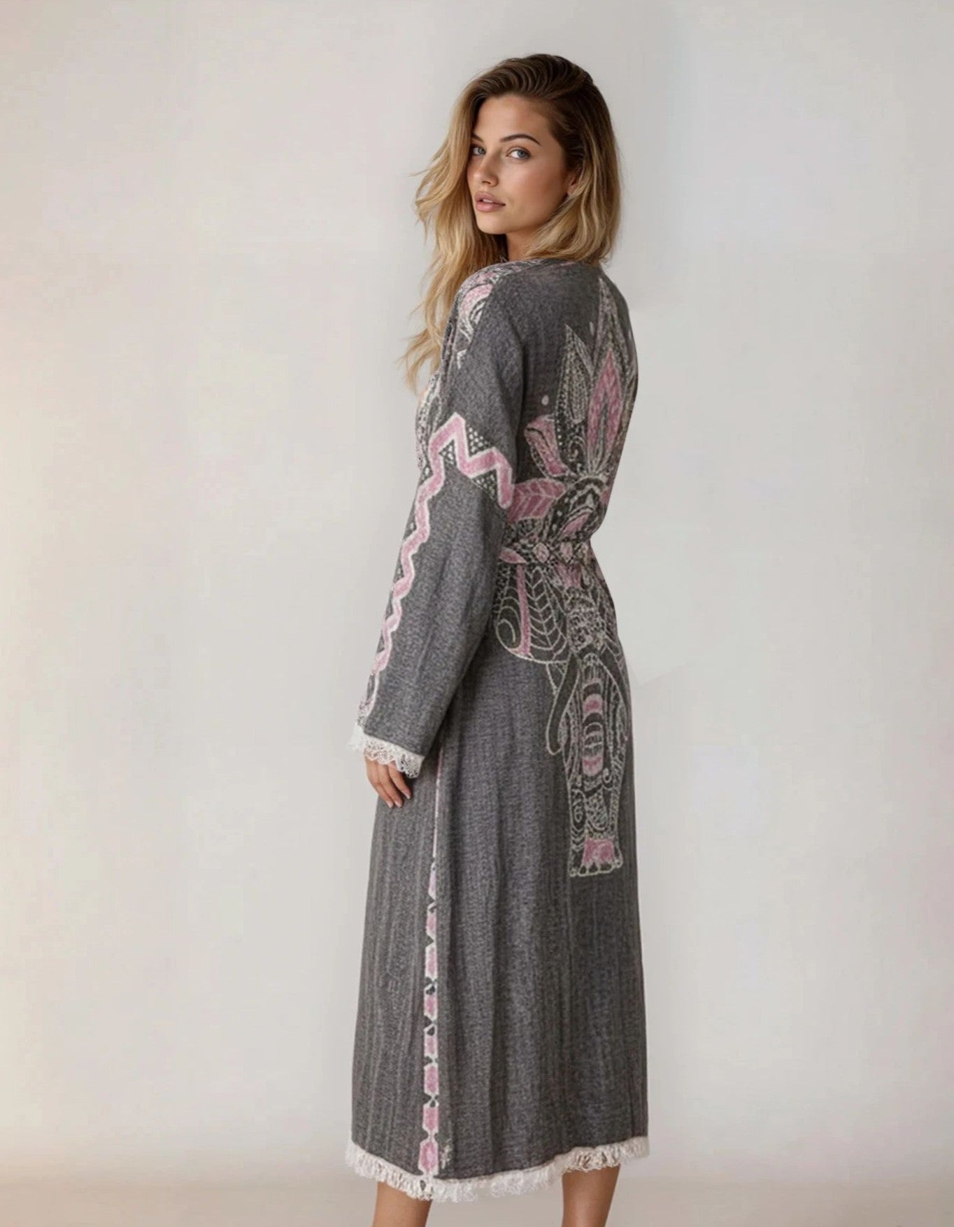Astrid Gray Elephant Handwoven Cotton Jacquard Kimono Robe
