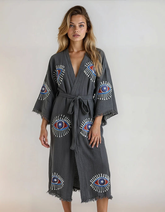 Aria Dark Gray Handmade Cotton Evil Eye Kimono Robe