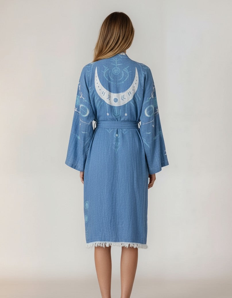 Luna Blue Moon & Eye Handwoven Cotton Jacquard Kimono Robe
