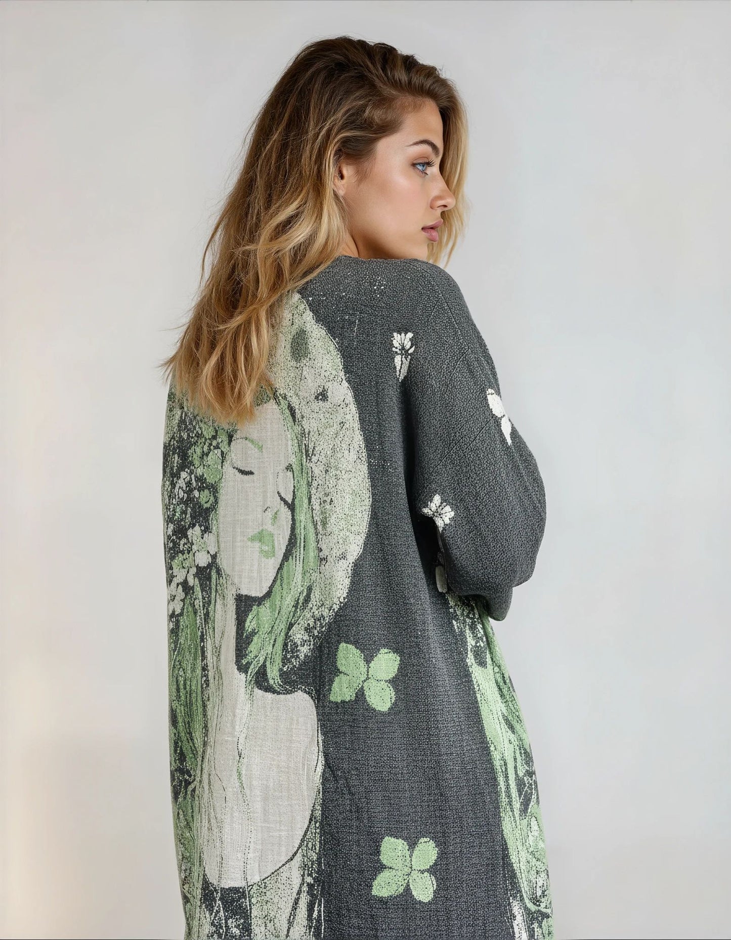 Sage Muse Green Gray Handwoven Cotton Jacquard Kimono Robe