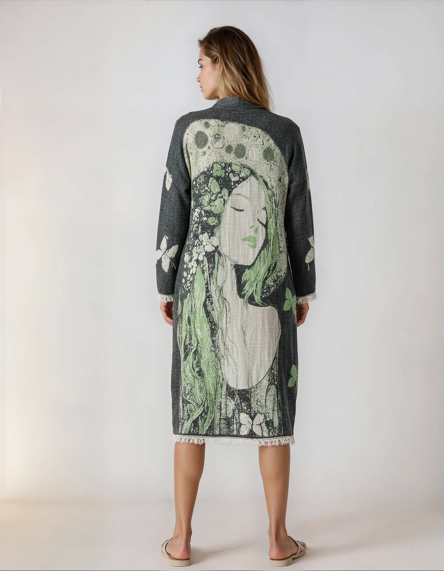 Sage Muse Green Gray Handwoven Cotton Jacquard Kimono Robe