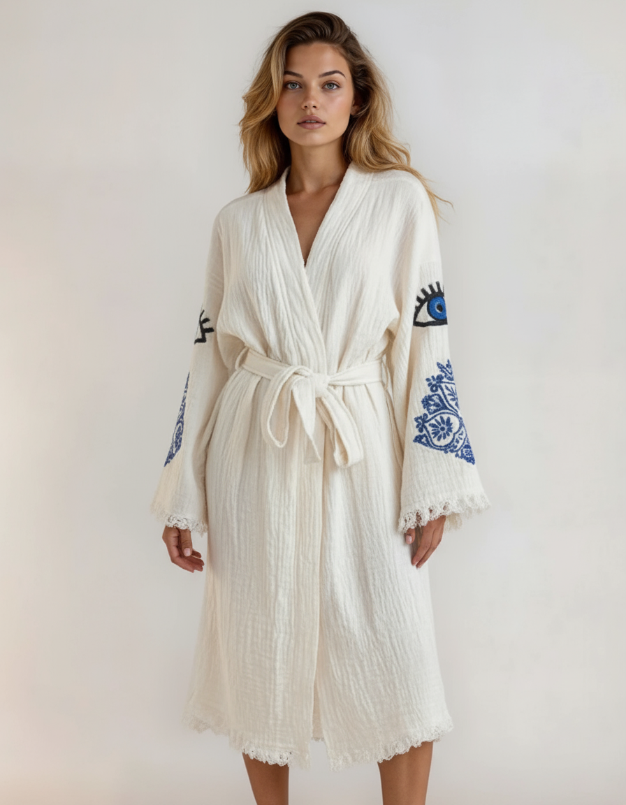 Iris Mandala Handmade Cotton Evil Eye Kimono Robe