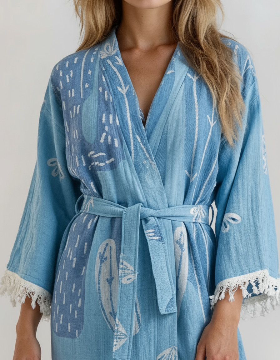 Blue Cactus Handwoven Cotton Jacquard Kimono Robe