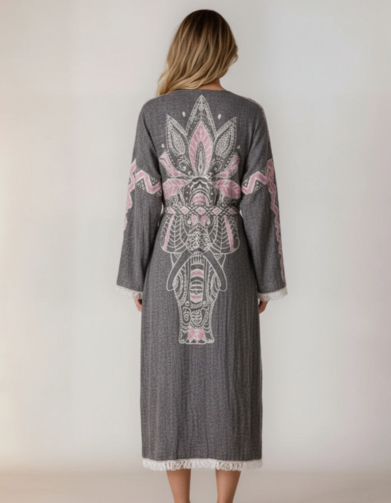 Astrid Gray Elephant Handwoven Cotton Jacquard Kimono Robe