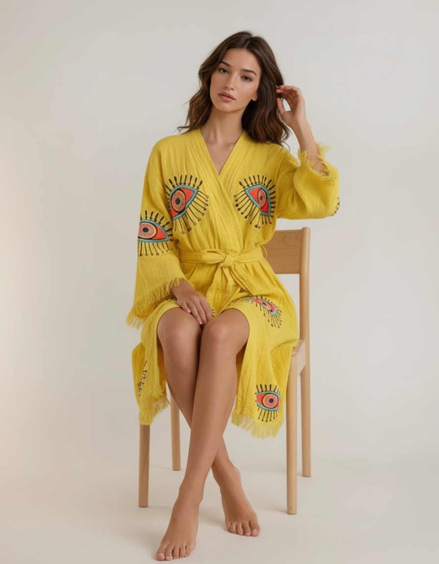 Aria Yellow Handmade Cotton Evil Eye Kimono Robe