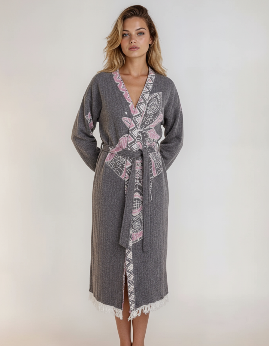 Astrid Gray Elephant Handwoven Cotton Jacquard Kimono Robe