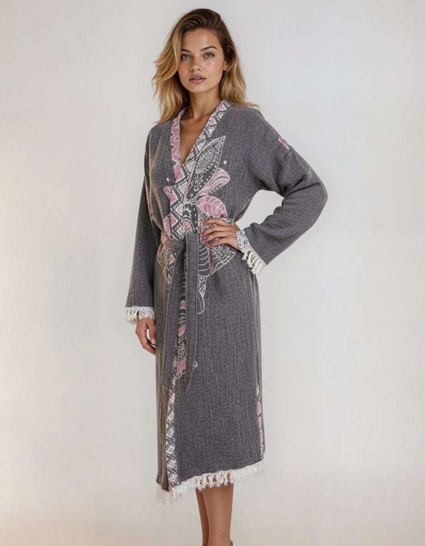 Astrid Gray Elephant Handwoven Cotton Jacquard Kimono Robe