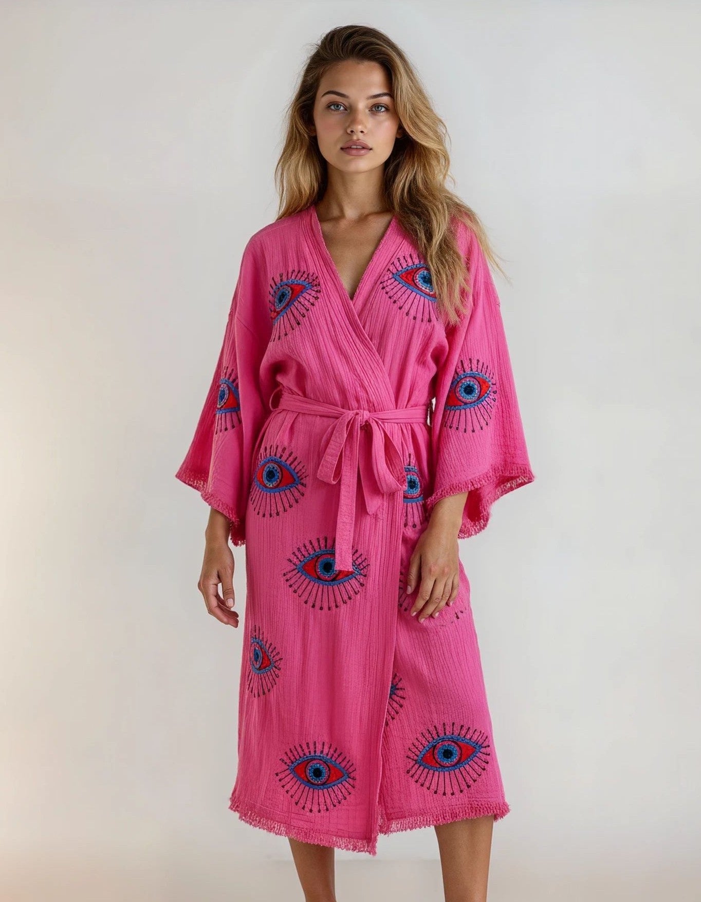 Aria Fushia Pink Handmade Cotton Evil Eye Kimono Robe