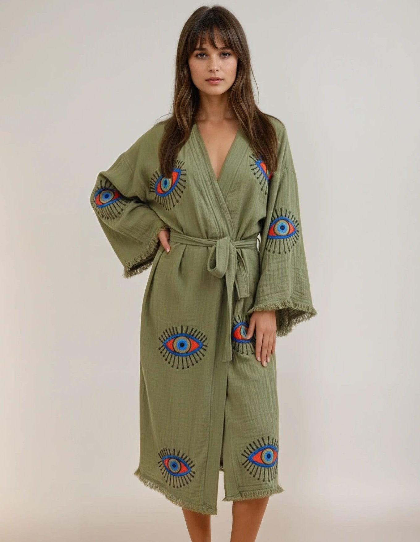 Aria Army Green Handmade Cotton Evil Eye Kimono Robe