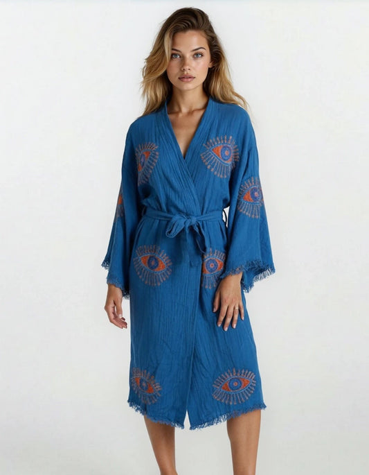 Aria Dark Blue Handmade Cotton Evil Eye Kimono Robe