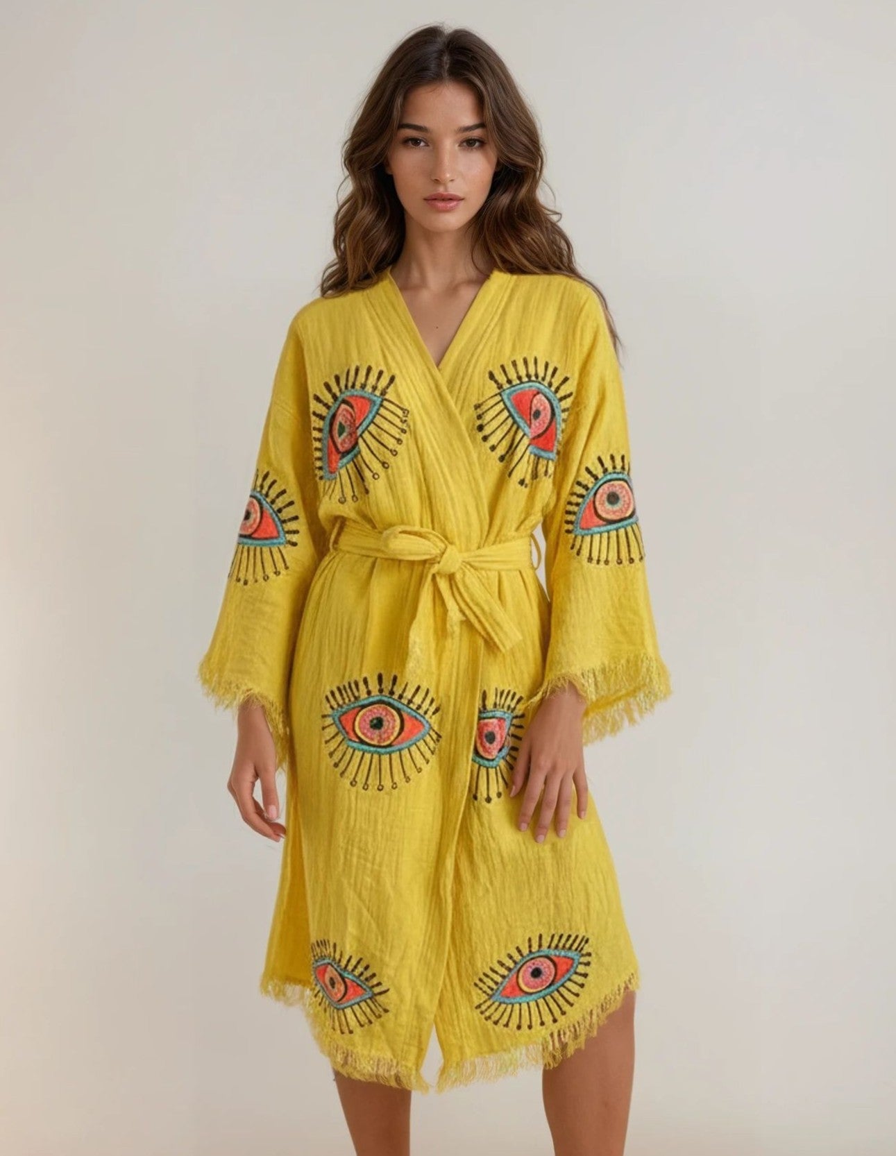 Aria Yellow Handmade Cotton Evil Eye Kimono Robe
