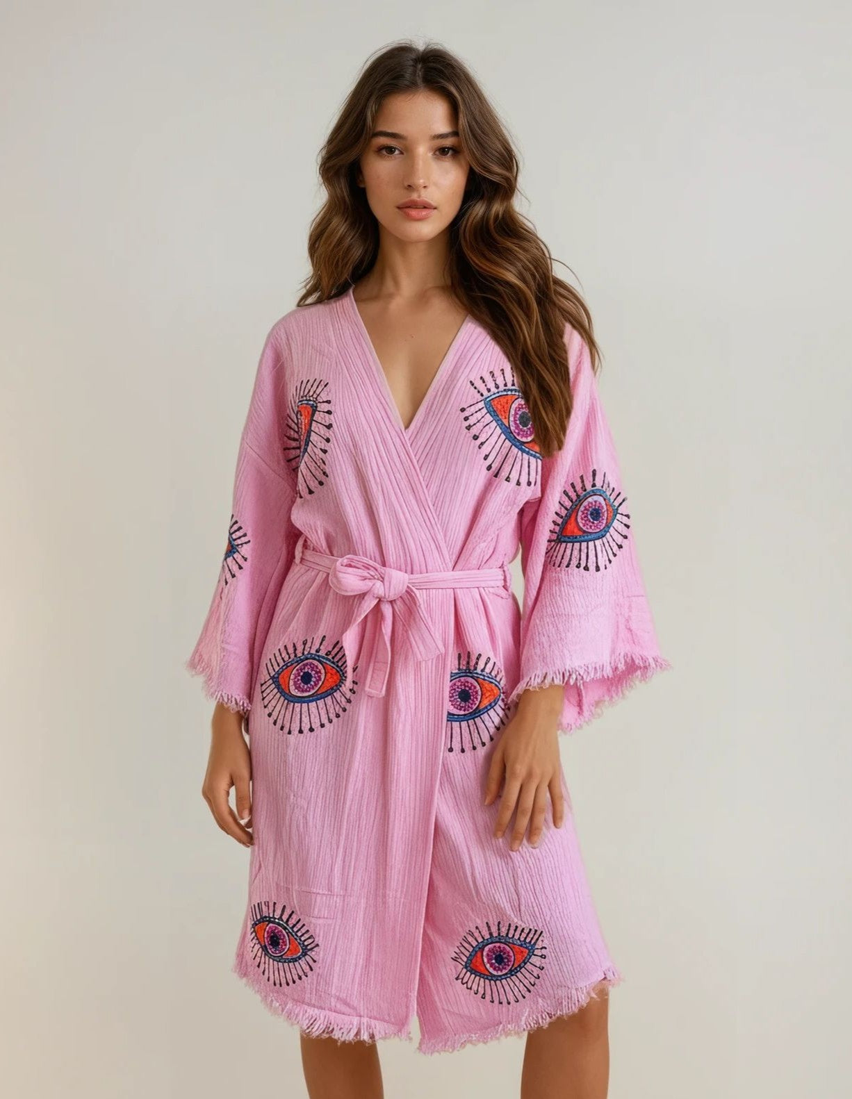Aria Soft Pink Handmade Cotton Evil Eye Kimono Robe