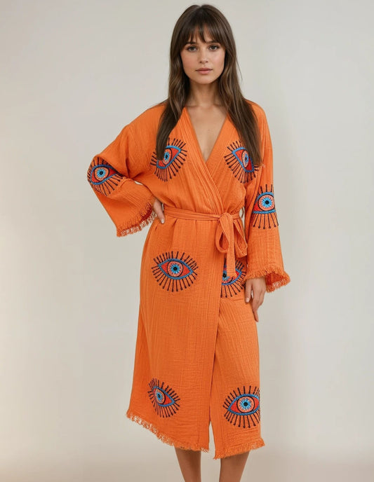 Aria Orange Handmade Cotton Evil Eye Kimono Robe
