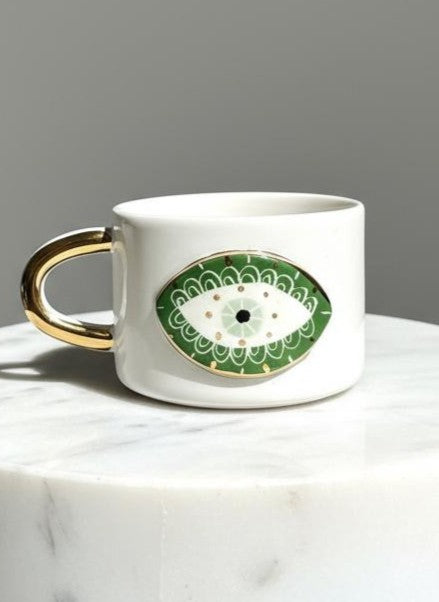Green Evil Eye 24K Gold Handmade Ceramic Coffee & Tea Mug