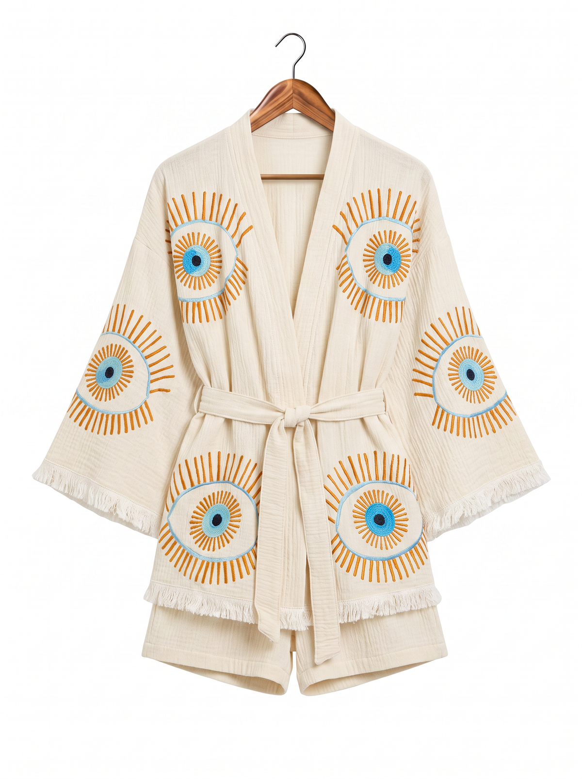 Vela Handmade Printed Fringed Robe and Shorts Two-Piece Set