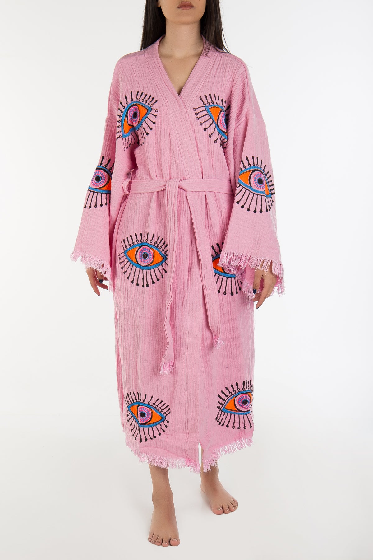 Aria Soft Pink Handmade Cotton Evil Eye Kimono Robe