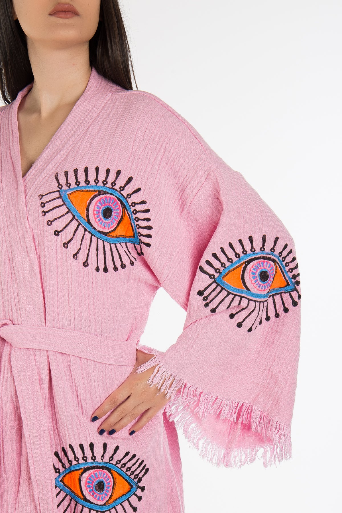 Aria Soft Pink Handmade Cotton Evil Eye Kimono Robe