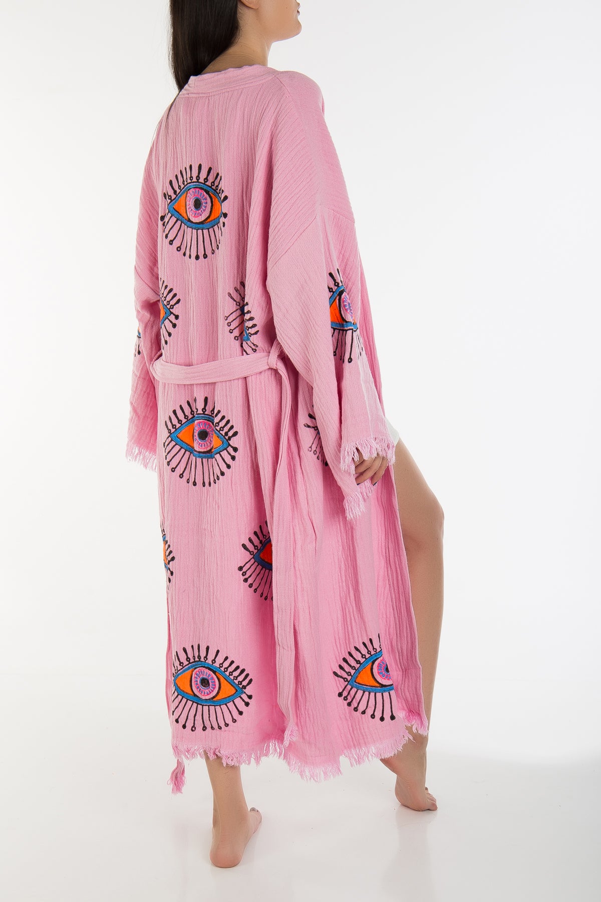 Aria Soft Pink Handmade Cotton Evil Eye Kimono Robe