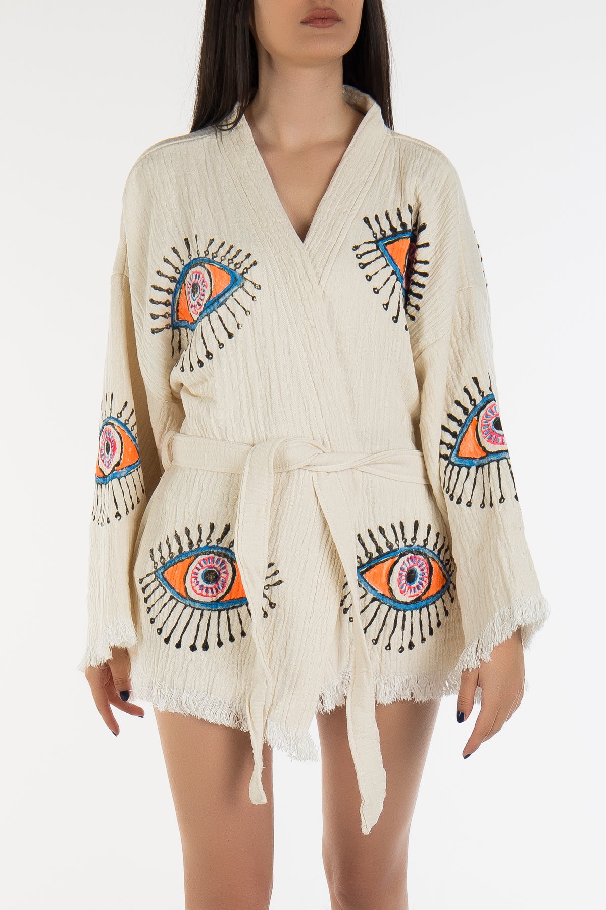 Sereia Off White Handmade Cotton Evil Eye Short Kimono