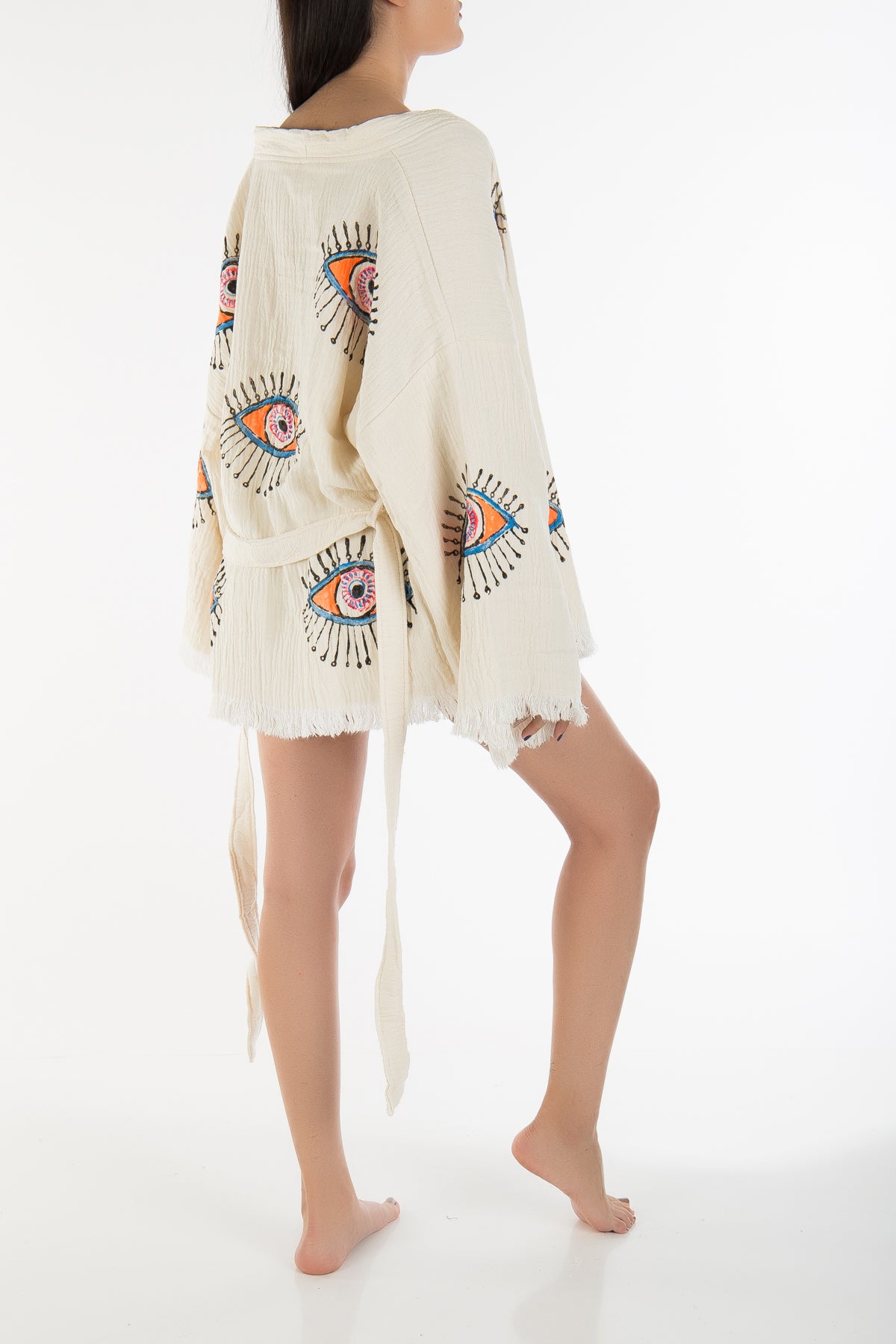 Sereia Off White Handmade Cotton Evil Eye Short Kimono