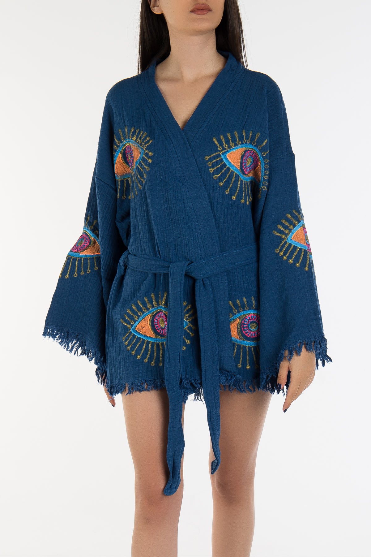Sereia Blue Handmade Cotton Evil Eye Short Kimono