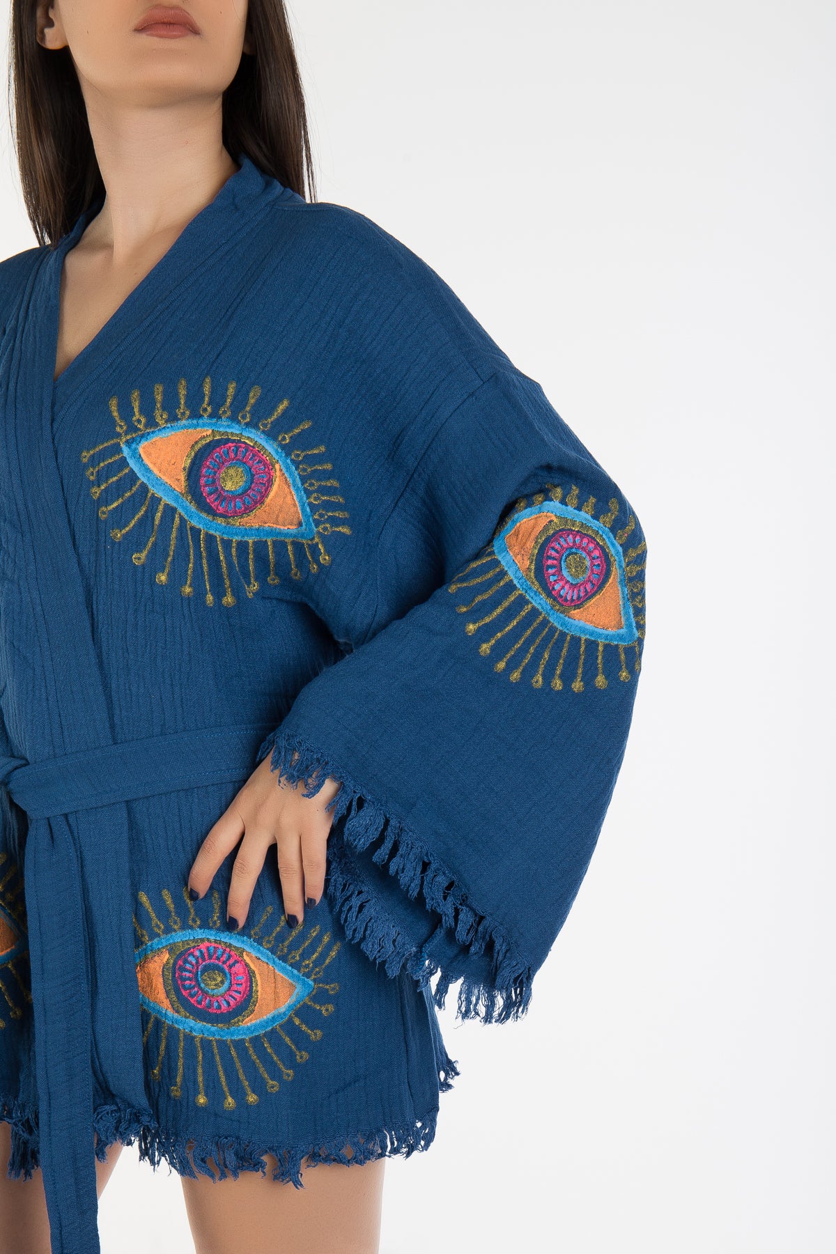 Sereia Blue Handmade Cotton Evil Eye Short Kimono