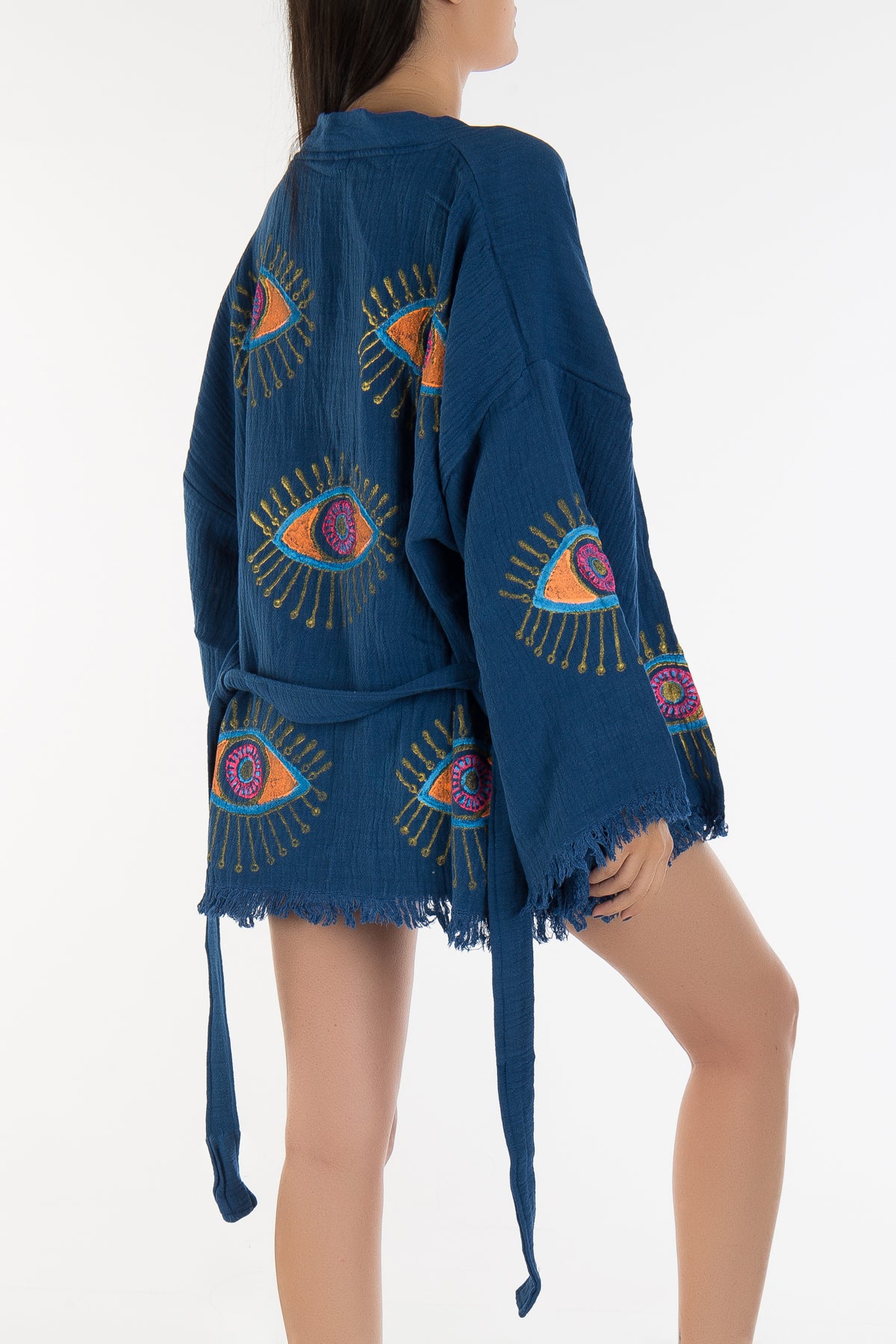 Sereia Blue Handmade Cotton Evil Eye Short Kimono