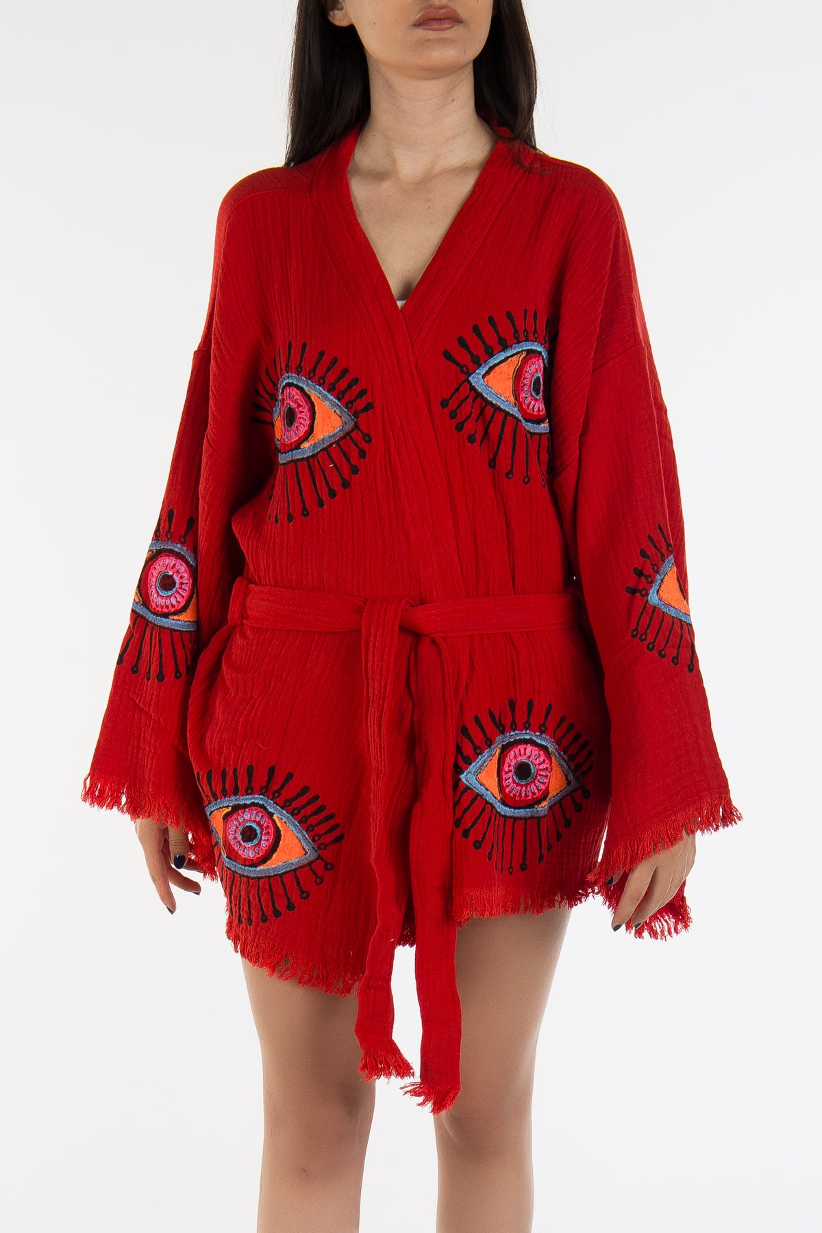 Sereia Red Handmade Cotton Evil Eye Short Kimono