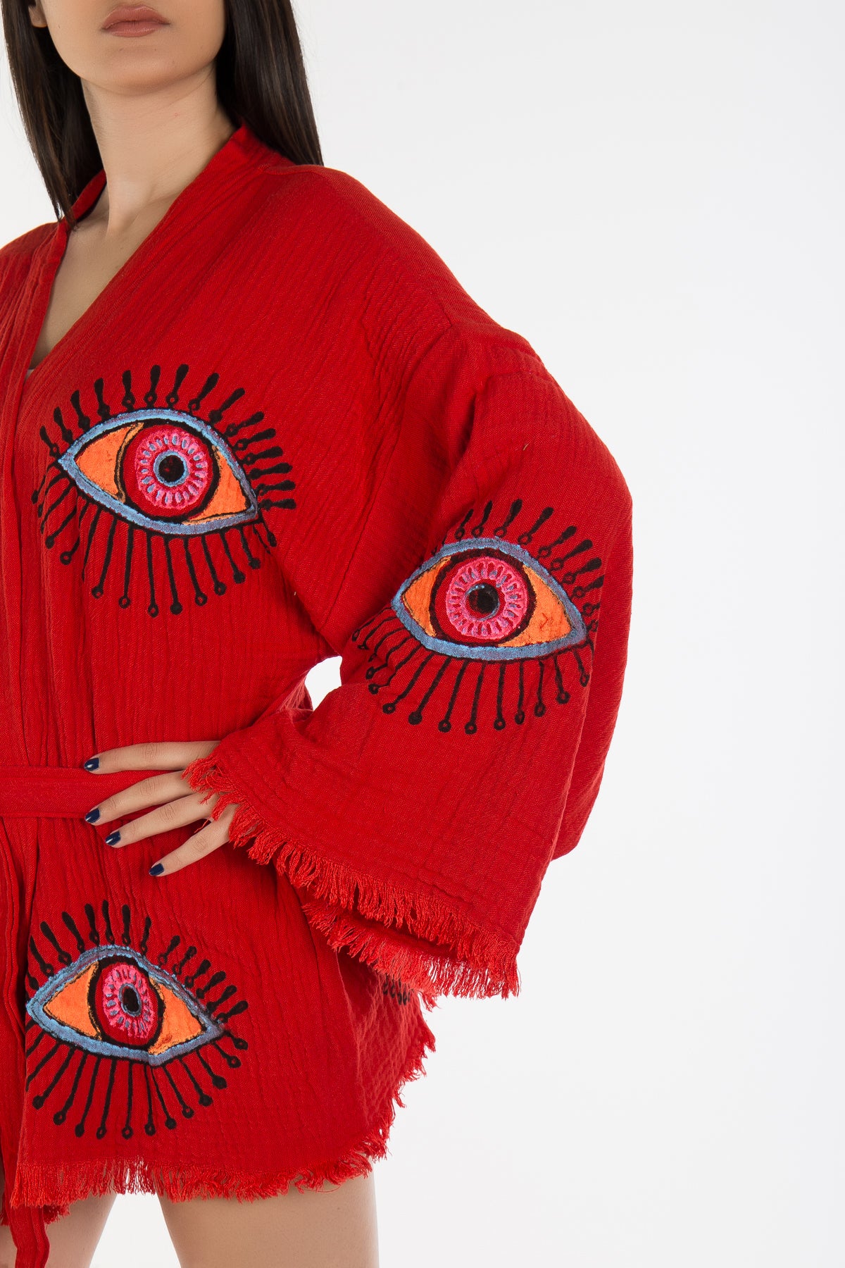 Sereia Red Handmade Cotton Evil Eye Short Kimono
