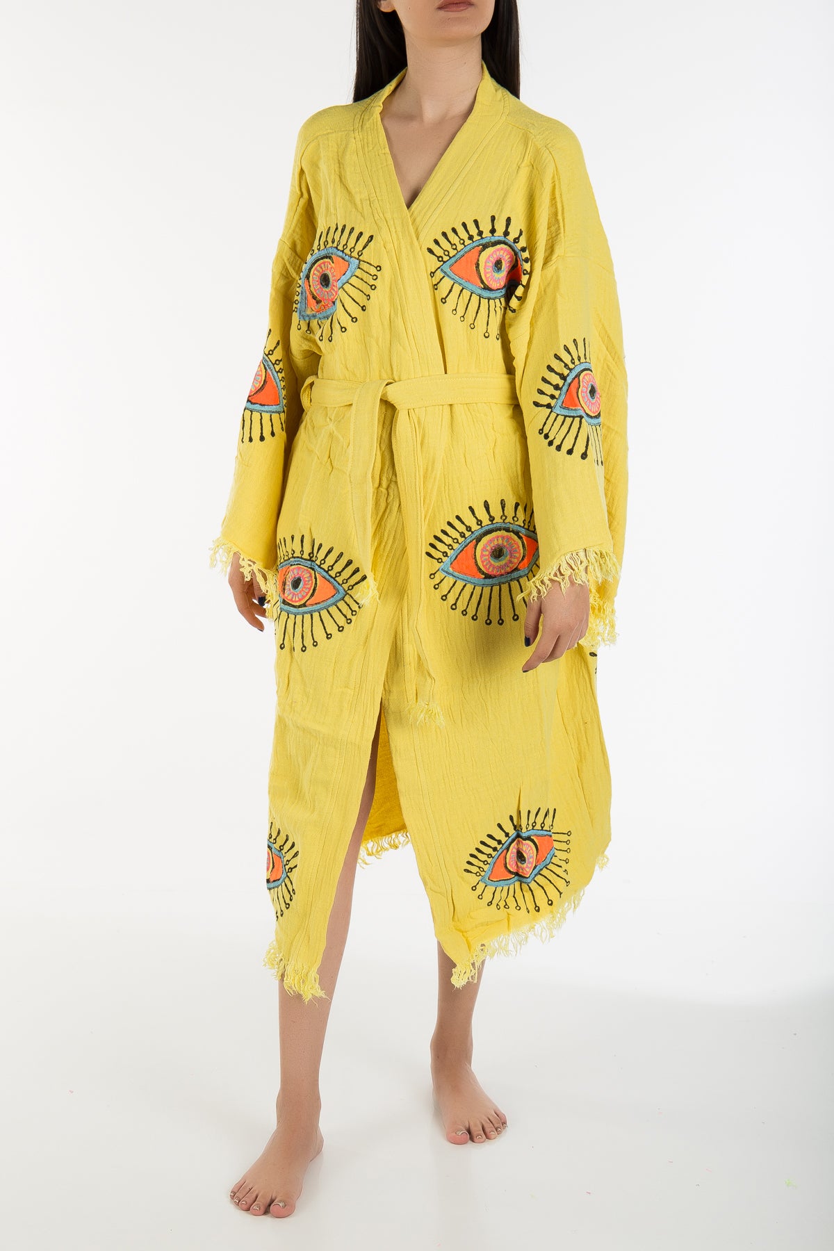Aria Yellow Handmade Cotton Evil Eye Kimono Robe