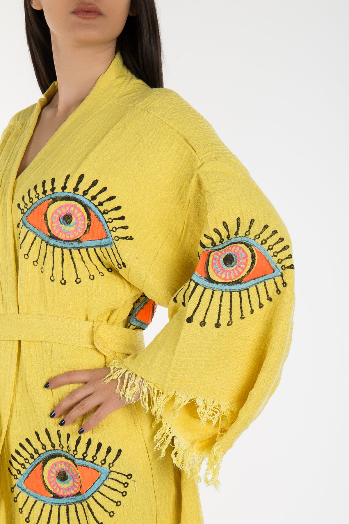 Aria Yellow Handmade Cotton Evil Eye Kimono Robe