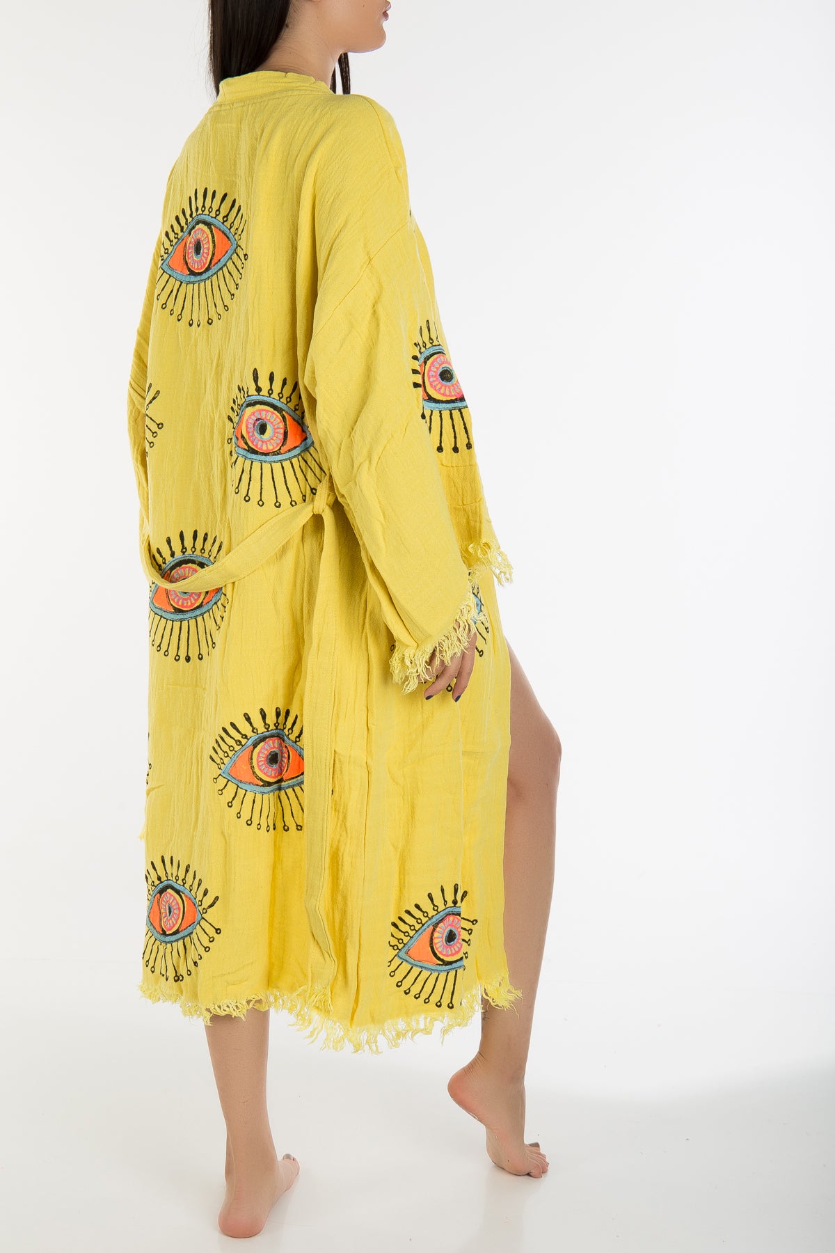 Aria Yellow Handmade Cotton Evil Eye Kimono Robe