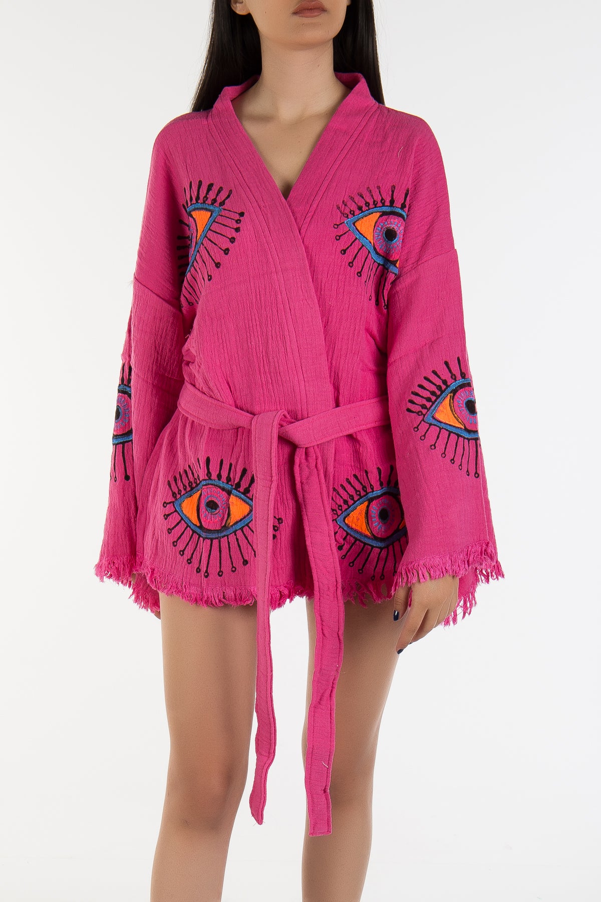 Sereia Fushia Pink Handmade Cotton Evil Eye Short Kimono
