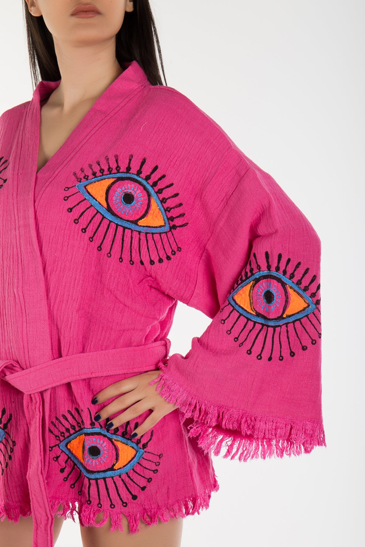 Sereia Fushia Pink Handmade Cotton Evil Eye Short Kimono